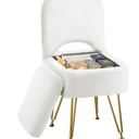 GREENSTELL Small Vanity Stool Chair with Storage and Folding Back, 13.4" x 15" x 30" Square Faux Fur Soft Ottoman, 4 Metal Legs with AntiSlip Feet, Furry Padded Seat for Makeup, Bedroom, White