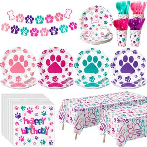 Gejoy 171 Pcs Dog Birthday Party Decorations Supplies Dog Paw Plates Banner Tablecloths Napkins Cups Knives Forks Spoons Doggy Puppy Party Decoration Serve 24 Guests(Cute Color)