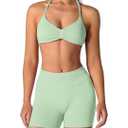 ABOCIW Womens Seamless Workout Sets 2 Piece Strappy Halter Sports Bra Scrunch Butt Shorts Gym Yoga Outfits Size S