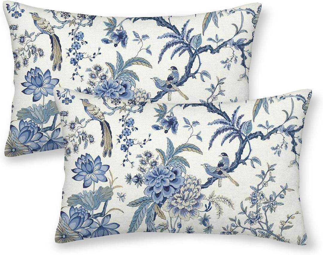 Chinoiserie Spring Pillow Covers 12x20 Set of 2, Birds Bule Floral Farmhouse Decorations Throw Pillow Covers Vintage White Blue Outdoor Decorative Linen Cushion Case for Couch Sofa Home