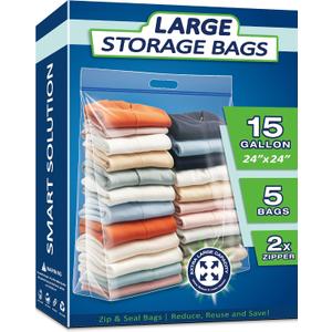 15 Gallon Large Resealable Storage Bags with Zipper Top | 24" x 24" Heavy Duty Clear Bags with Handles, 4 Mil Thick, Perfect for Clothing, Pillows, Travel, and Moving (5 Packs)