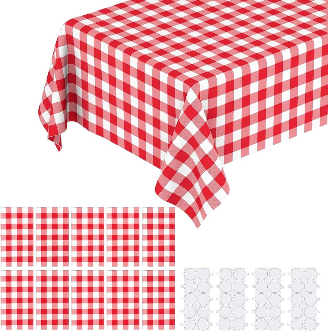 10 Pack Red Gingham Tablecloth, 108 x 54 Rectangular Red and White Checkered Tablecloths Disposable Red Plaid Table Cloth for Camping, Birthday, Picnic, Christmas, Weddingwith Stickers