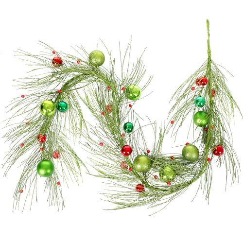 Jutom 6 Ft Christmas Elf Garland Green Glitter Rattan Garland with Green Red Christmas Balls Xmas Hanging Decor for Front Door Fireplace Table Centerpiece Home Party Supplies