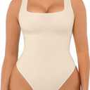 FeelinGirl Bodysuits for Women Seamless Square Neck Tummy Control Compression Thong Shapewear Bodysuit Tank Tops Bodysuit (Medium-Large, Buttercream)