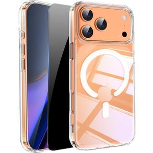 3 x Clear Phone Case for iPhone 17 Pro Max Case Magnetic with Privacy Screen Protector [Anti-Yellowing] Rugged Shockproof Protective Bumper Case 6.9" 2025 Transparent