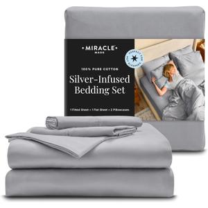Miracle Made Cotton Bed Sheets  4 Piece Silver Infused, 300-Thread-Count Thermoregulating Miracle Clean & Cool  Sheet Set (Silver Grey, Twin)