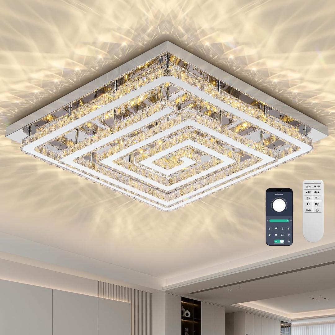 43 inch Crystal Chandelier with Remote/APP Control, 3 Color Temperature Light Fixture & Brightness Adjustable, Modern Flush Mount LED Ceiling Light Fixture for Living Room Kitchen Hallway Dining Room (Silver)