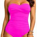 Yonique Womens Strapless One Piece Swimsuit Tummy Control Bandeau Bathing Suits Slimming Twist Front Swimwear (XX-Large, Dark Pink)