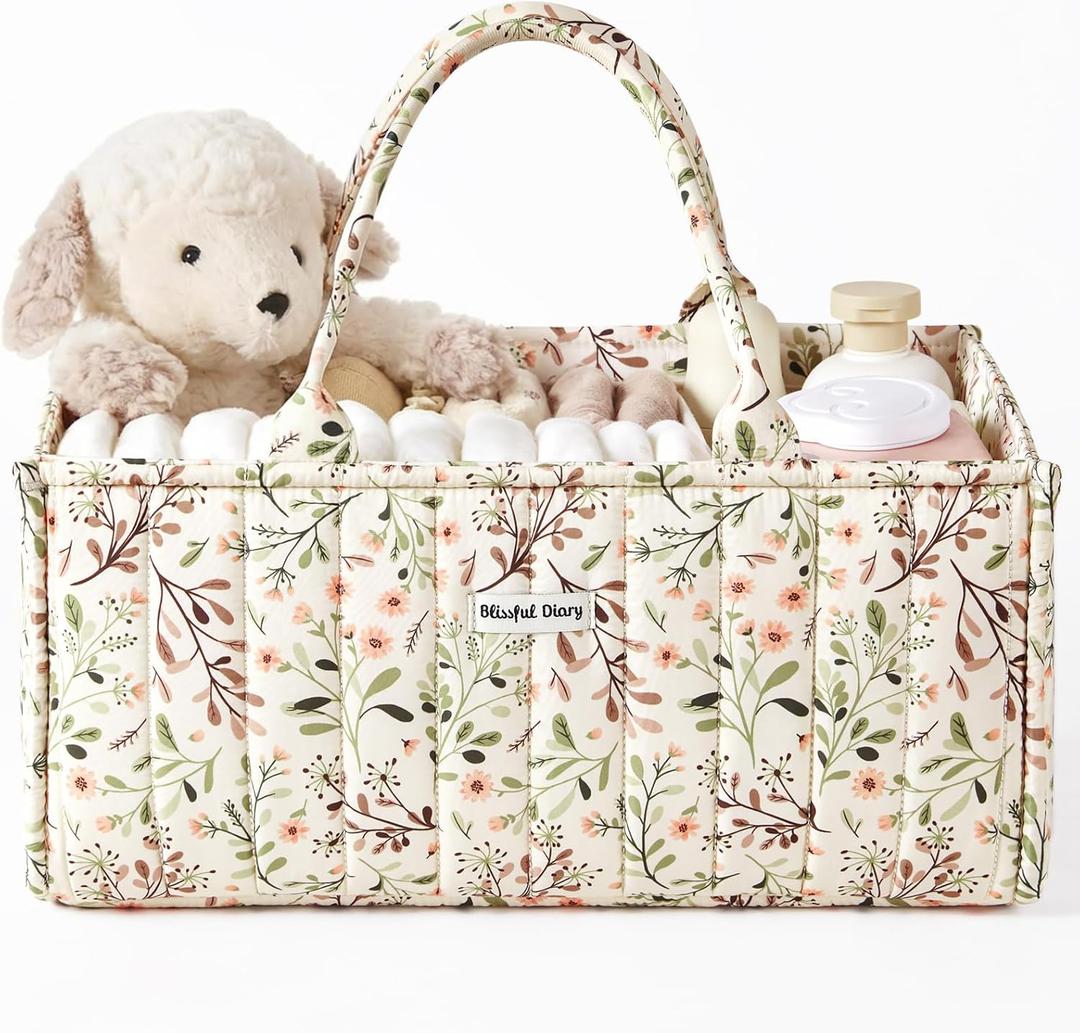 Blissful Diary Floral Diaper Caddy Organizer, Stylish Nursery Storage Basket, Diaper Bag,Gift for Baby Shower, Baby Registry Must Have, Newborn Essentials, Pastoral Daisy