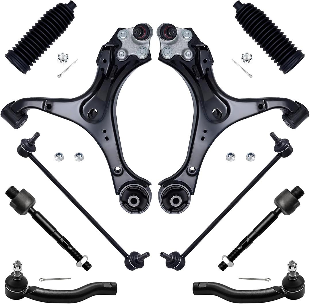 AUQDD 10Pc Front End Suspension Kit Fit For 2012-2015 Ho-nda Civic /13-15 Ac-ura ILX, 2 Lower Control Arm w/Ball Joint 2 Sway Bar Link 4 Outer & Inner Tie Rod End (# 520-695 K750605 EV800906 ES800912)