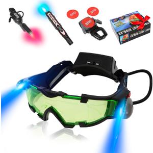 Kids Night Vision Goggles Spy Kit, 4 Pcs Spy Gear Toys Set, Cool Night Mission Goggles with Flip-Out Light/Invisible Ink Pen/Ear Light/Frisbee Shooter, Gifts for Kids 5-12 Boys Girls
