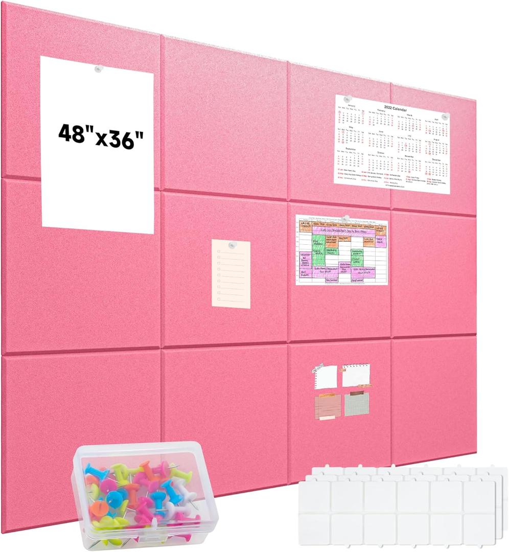 12Pcs Felt Bulletin Board, Upgraded Felt Wall Tiles with 48 Removable Adhesive Tabs & 30 Push Pins, Large Cork Boards for Walls, Perfect for Home, Office, School, DIY Vision Board