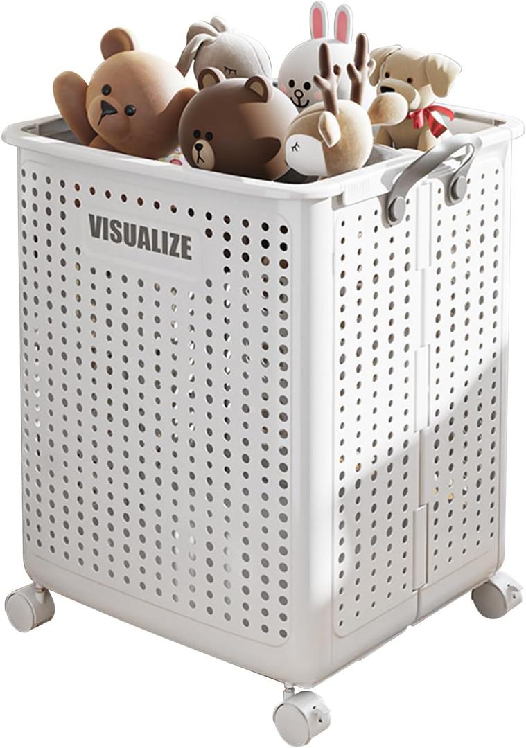 Multi-functional collapsible dirty clothes hamper with wheels plastic laundry hamper for bedroom, bathroom and laundry room, storage basket with handle (White, Extra Large with Pulley) Multi-functional collapsible dirty clothes hamper with wheels plastic laundry hamper for bedroom, bathroom and laundry room, storage basket with handle (White, Extra Large with Pulley)