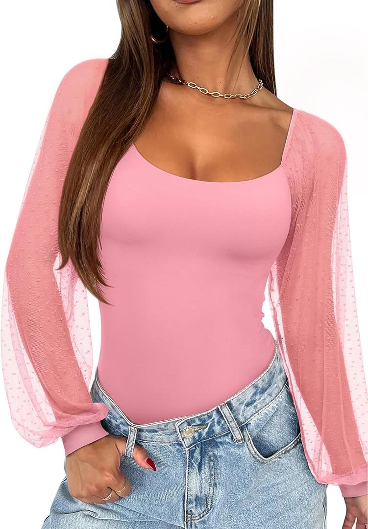 REORIA Women's 2025 Fall Casual Mesh Long Sleeve Square Neck Tops Trendy Cute Dressy Slim Fit Going Out T-Shirts (Pink, L)