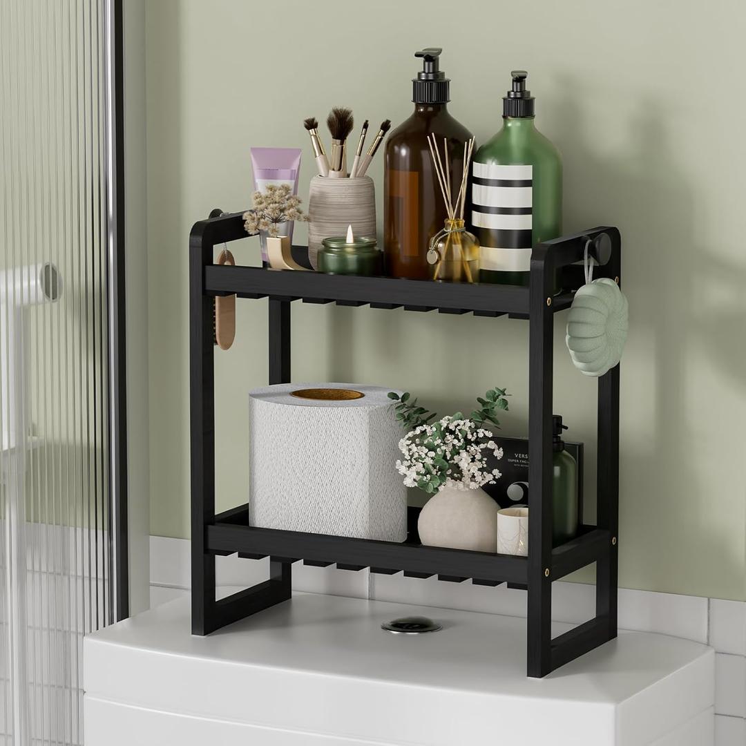 AmazerBath Bamboo Over The Toilet Storage Shelf - 2-Tier Bathroom Organizers and Storage Shelves, 2 in 1 Dual Stable Above Over Toilet Bathrooms Shelf Home Storages Rack for Small Bathroom, Black