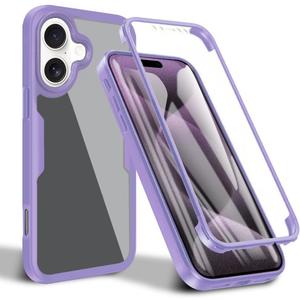 for iPhone 16 Case, [Built-in Screen Protector] [Military Grade Shockproof] 360 Full Body Clear Rugged Protective Case Cover for iPhone 16 / Apple 16.Full Purple