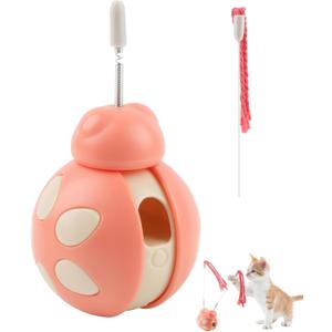 GES Interactive Cat Toy with Food Dispenser - Tumbler Design, High-Bounce Teaser Wand, Stress Relief for Indoor Cats,Pink