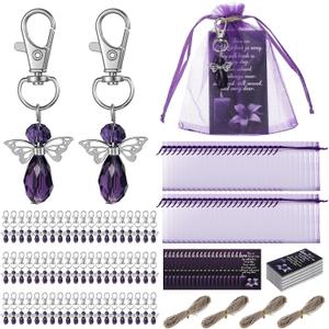 60 Sets Funeral Favors, Purple Angel Rhinestone Keychains with Thank You Cards & 4.7x4 Organza Bags, Memorial Service Guest Gifts, Sympathy Thank You Party Supplies