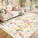 RELEANY Floral Nursery 6x9 Area Rugs Washable Print Boho Cute Carpet Non Slip Flower Low Pile for Living Room Kids Girls Playroom Bedroom Kitchen Office Farmhouse-Beige/White/Orange