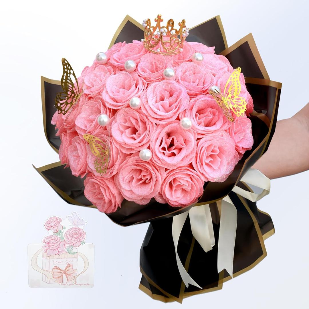 Glitter Roses Bouquet Graduation Gifts, Shiny Artificial Roses Flowers with Stems DIY Fake Glitter Flowers Bouquet for Anniversary Graduation Birthday Wedding, 24 Roses (Pink)
