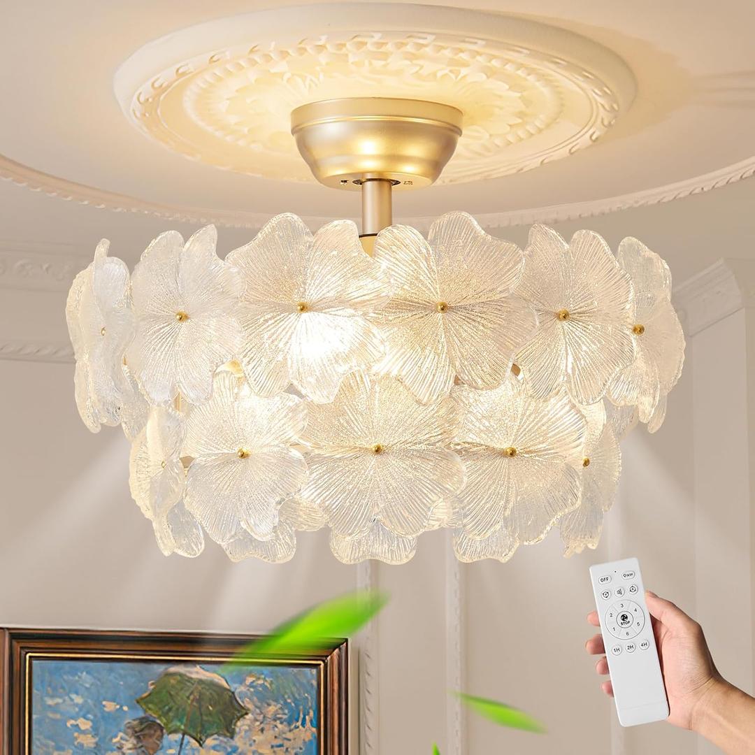 Flower Fandelier Ceiling Fan with Light 20 Inch Gold Crystal Modern Chandelier Fan Ceiling Fan with Light Remote Control 6 Speeds for Girl's Bedroom,Nursery,Living Room