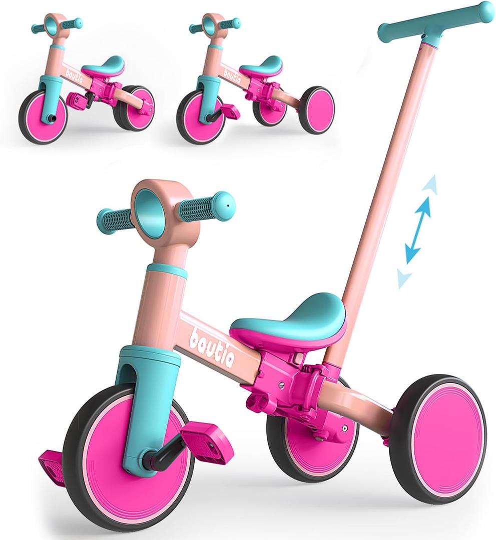 Kids Tricycle with Push Handle for Toddlers 1-4 Years Old Boys Girls Gift, 5 in 1 Baby Balance Bike for Toddlers 1-3 with Removable Pedals (No Parent Steering Version) (Fuscia)