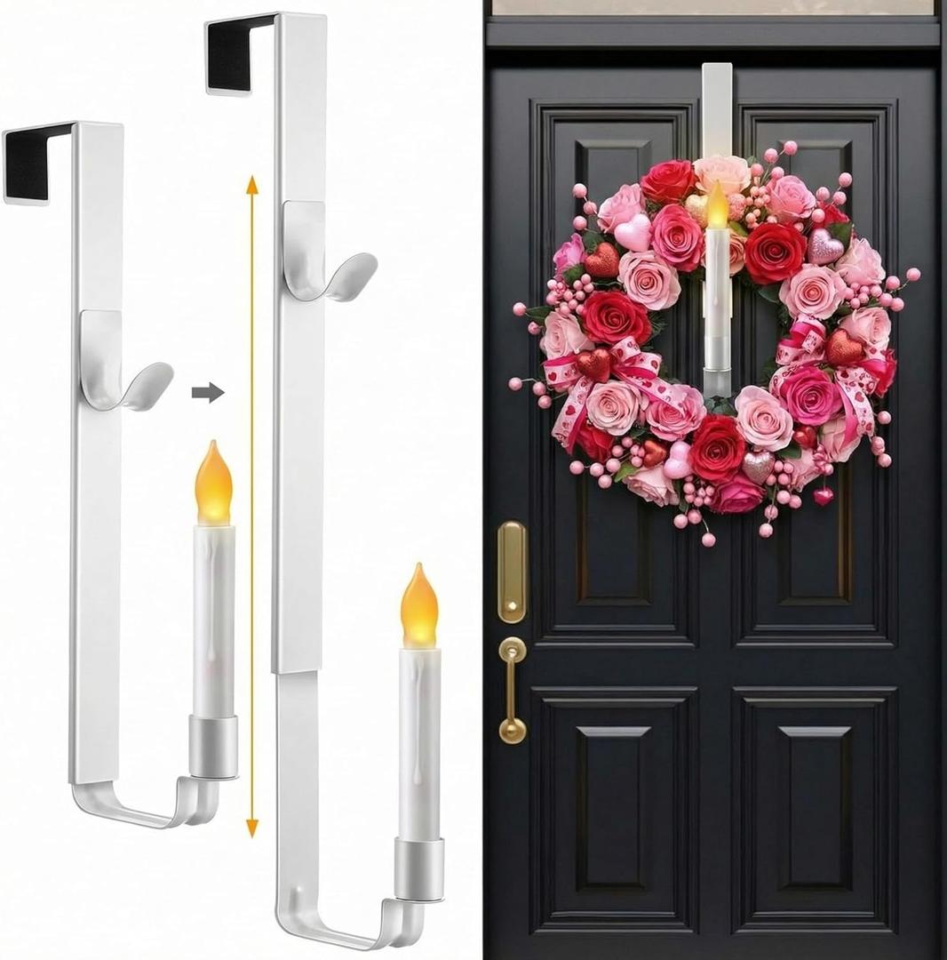 Enhon Wreath Hangers for Front Door, Valentines Day Decorations with and Flameless, Adjustable Wreath Hanger from 15.7 to 26", Fits Doors up to 2" Thick (White, 1 Pack)