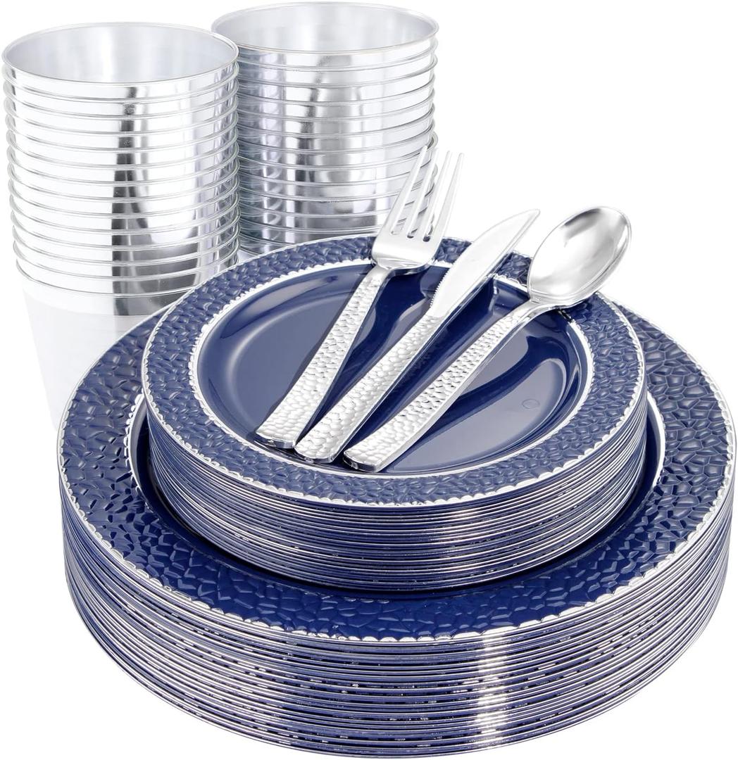 Ciaell 150 PCS Blue and Silver Plastic Plates - Blue Disposable Plate include 50 Plates, 25 Knives, 25 Forks, 25 Spoons, 25 Cups for Weddings & Party & Christmas