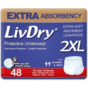 LivDry Adult XXL Incontinence Underwear, Extra Comfort Absorbency, Leak Protection, XX-Large, 48-Pack EXP:03-2029
