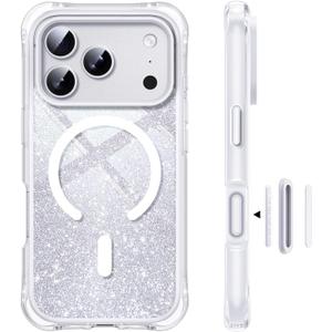 for iPhone 17 Pro Max Case, Compatible with MagSafe, Camera Control, Shockproof Military-Grade Protection, Button Built-in Air Magnetic Phone Cover with DIY Glitter Card, Clear White