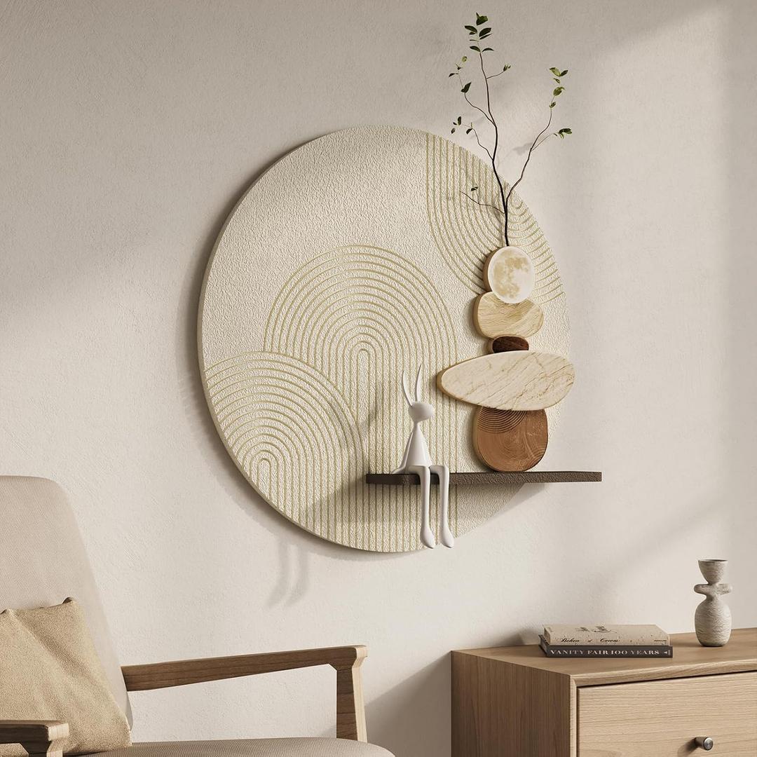 3D Textured Neutral Abstract Wall Art Decor With Shelf, Boho Beige and Brown Artwork for Walls With Green Accent, Modern Minimalist Wall Decor for Living Room, Hallway, Kitchen, Bedroom, Office, 24x24