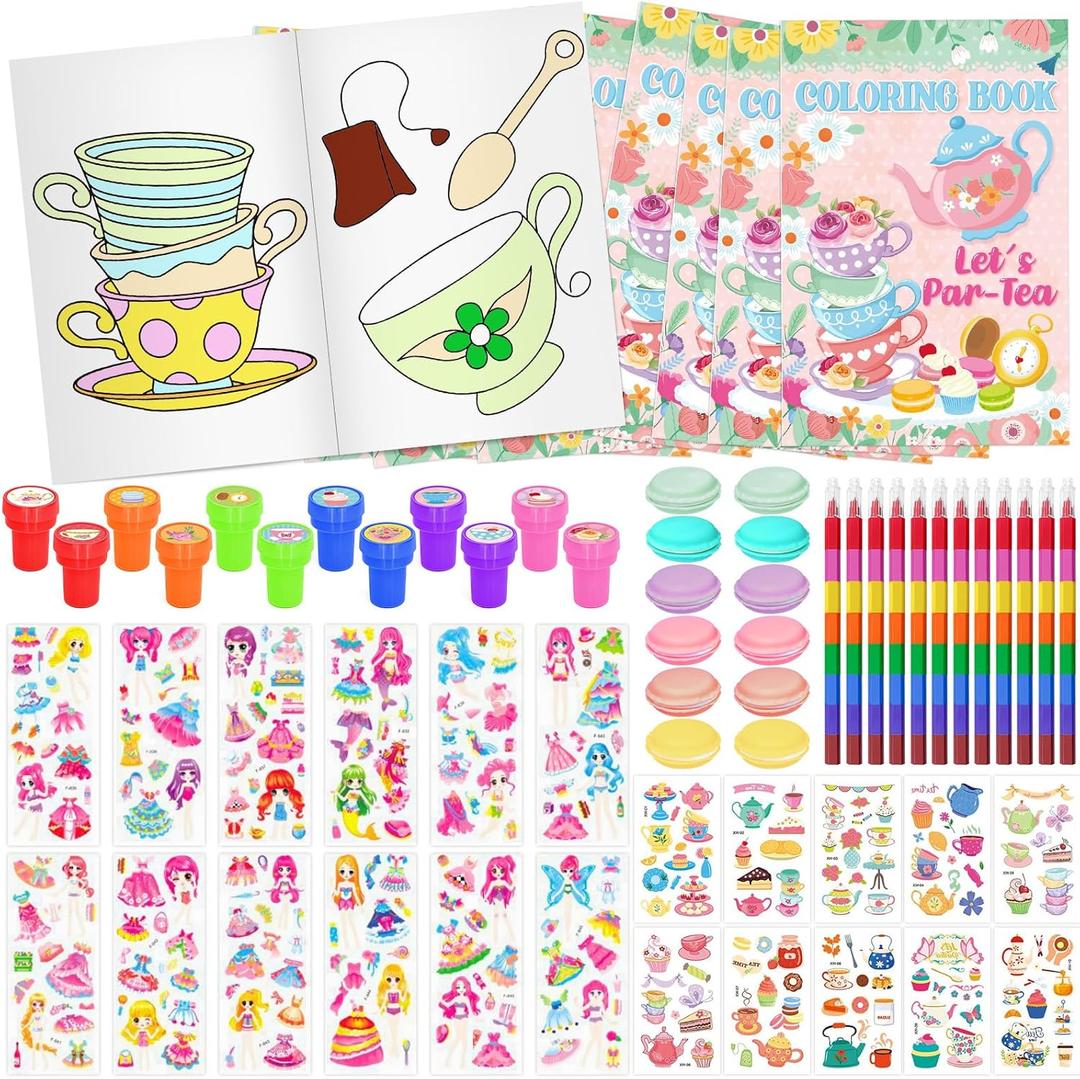 Cinrobiye 72 PCS Tea Coloring Books Party Favors Set Floral Tea Party Favors Goodie Bag Fillers Teapot Cup Birthday Party Supplies DIY Scene Stickers Tattoos Prizes Art Crafts for Home and Events