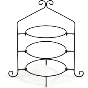 3 Tier Pie Plate Stand, Wrought Iron Dessert Display Rack, Plates Not Included, for 10 to 12 Inch Pie Plates, 9.25" Center Rings, Detachable, for Pies, Cakes, Desserts & Dinner Plates