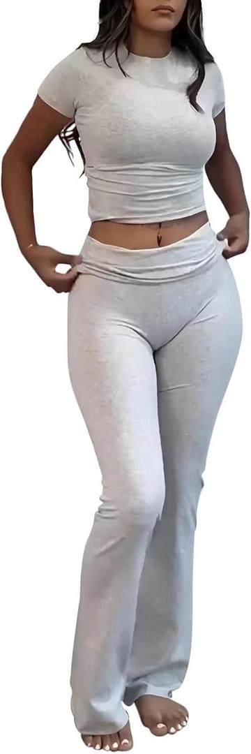 ZFLM Casual Workout Two Piece Outfits for Women Short Sleeve Crop High Waist Foldover Flare Pants Tracksuit Sets Streetwear (X-Large, Heather Grey)