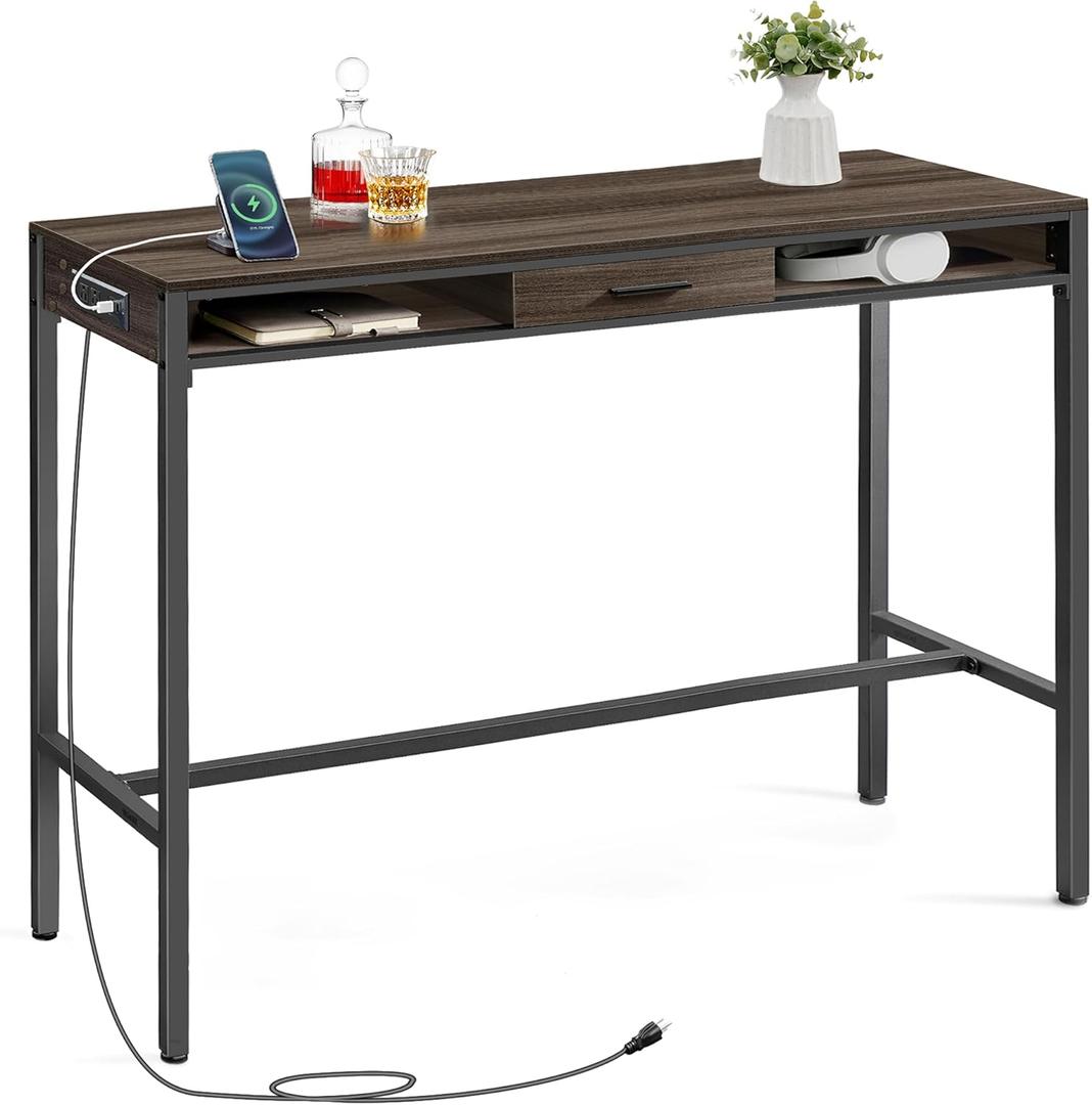 VASAGLE Bar Table with Power Outlets, 47.2 Inches Long Bar Height Pub Table, Rectangular High Top, with Movable Drawer, 2 Hooks, Narrow Storage for Kitchen, Dining, Entryway, Ash Brown
