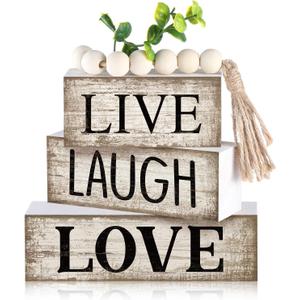 5 Pcs Rustic Farmhouse Tiered Tray Farmhouse Fake Books Decoration Life Laugh Love Wooden Tabletop Decor Love Block Decor Wood Block Sign Gift Centerpiece for Shelf Coffee Mantle Kitchen Table