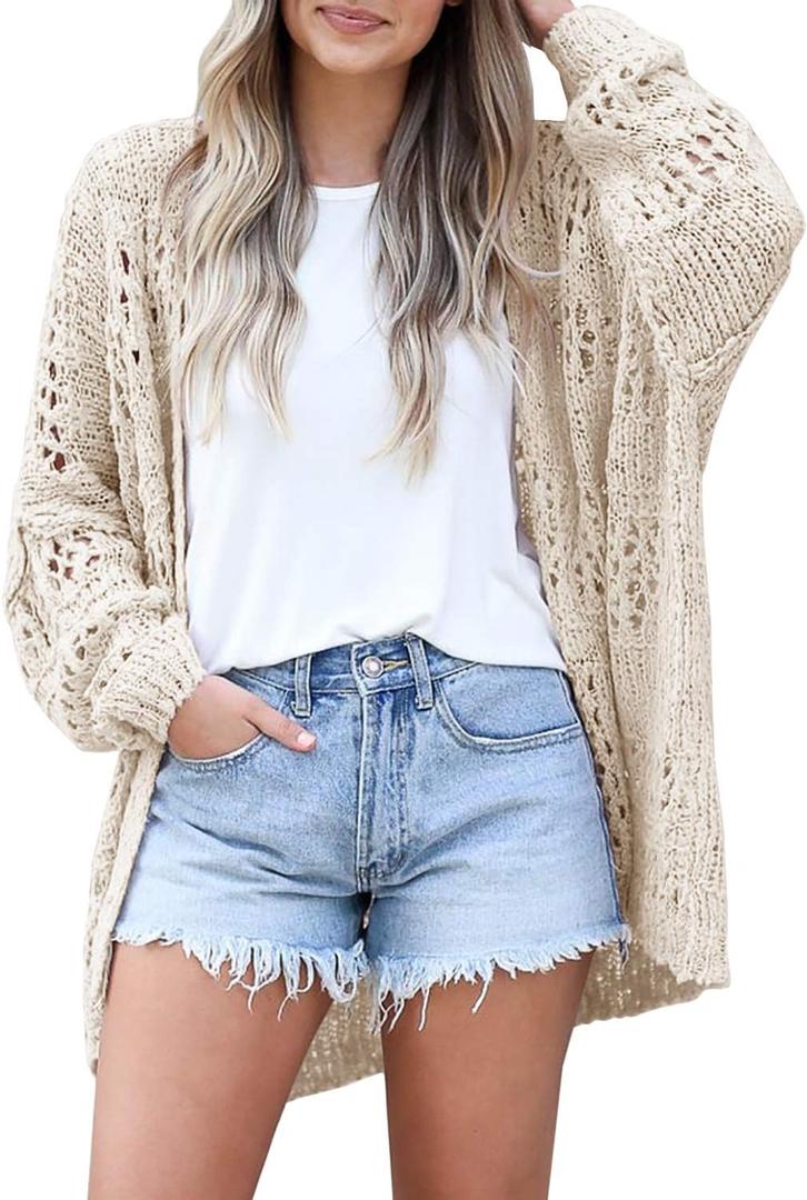 Ermonn Womens Crochet Cardigan Sweater Kimonos Boho Solid Color Oversized Fall Open Front Outwear (Large, Beige)