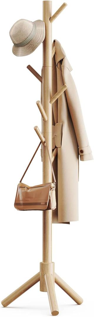 Pipishell Coat Rack Sturdy Wooden Coat Rack Stand, Adjustable Coat Tree, Free Standing Tree Hanger with 4 Sections & 8 Hooks, for Home/Bedroom/Office/Hallway/Entryway