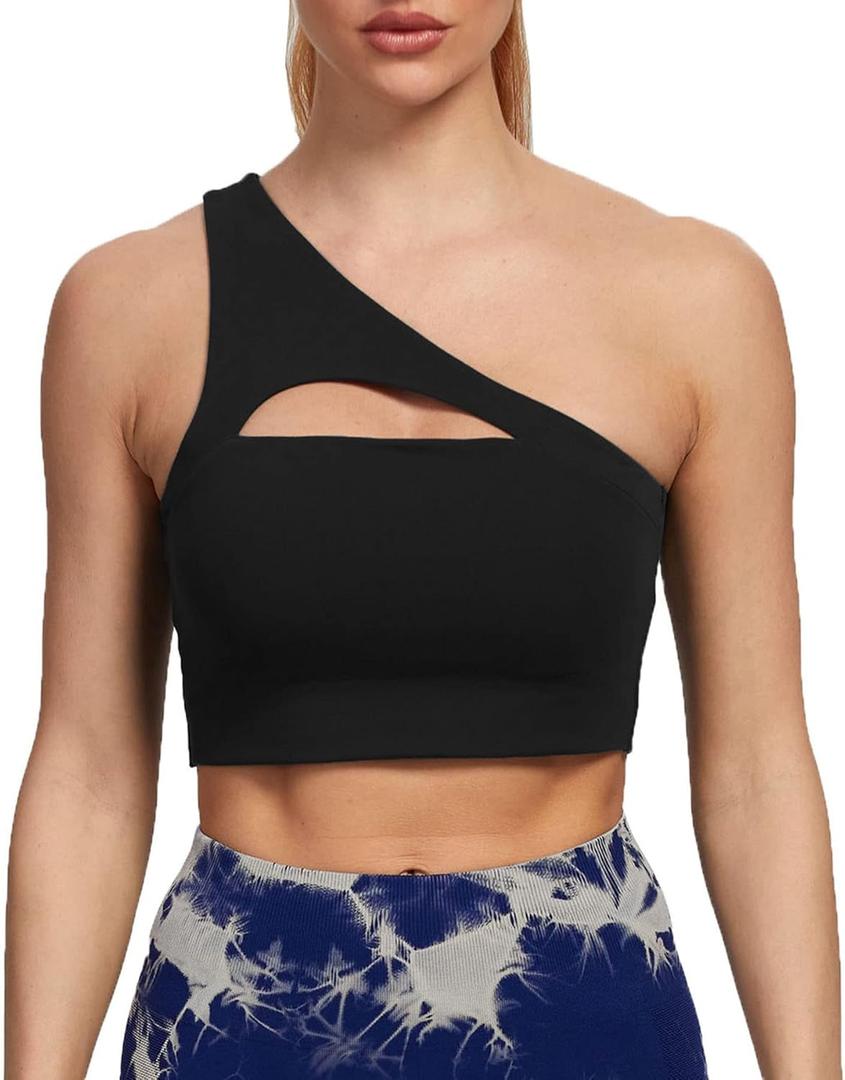 Aoxjox Women's Workout Sports Bras Fitness Gym Olivia Asymmetric One Shoulder Bra Yoga Crop Tank (Medium, 1 Black)