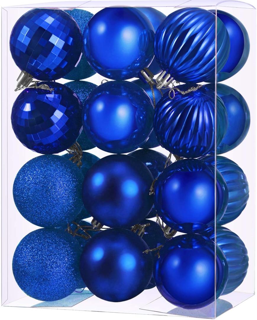 24 Pieces Christmas Ball Ornaments Tree Decorations for Holiday Wedding Party - 2.36 Inch, 6 Styles (Royal Blue) With Hooks