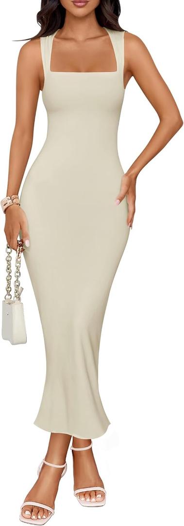 ZESICA Women's Summer Bodycon Midi Dress Sleeveless Square Neck Slim Fit Back Slit Long Cocktail Party Dresses (L)