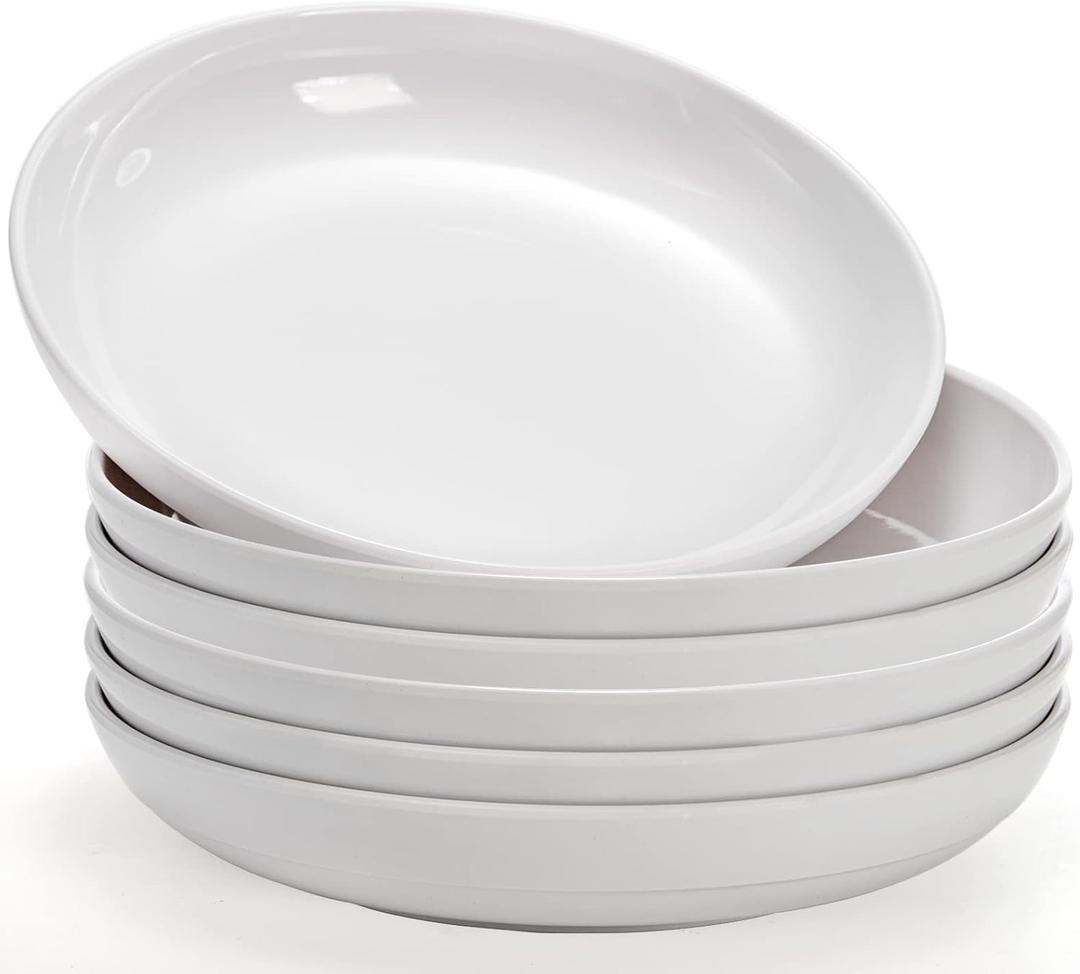 Fasmov Melamine Pasta Bowls, 6 Pack 10 inches 47 Oz Large Salad Serving Bowls, Shallow Salad Bowls, Plastic Dinner Deep Plates, Dishwasher Safe, White