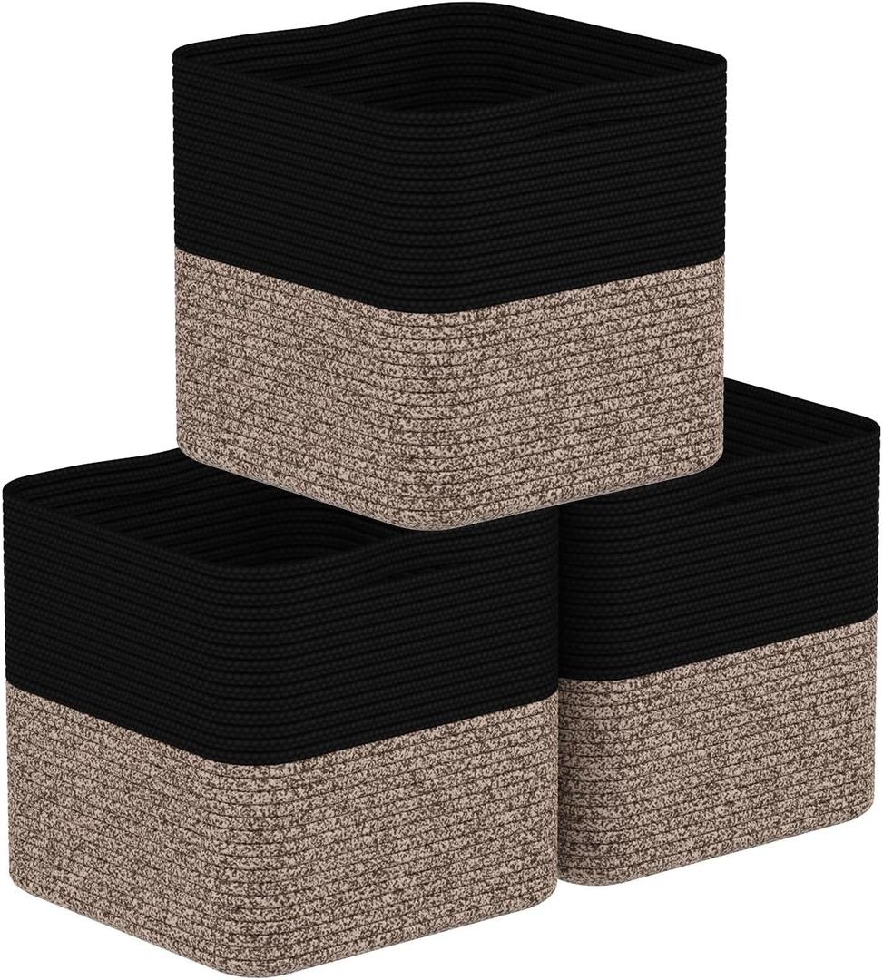Storage Cotton Cubes 11 Inch, Woven Cotton Rope Storage Baskets for Toys Blanket Organizing, Storage Bins Decorative Organizer with Handles for Living Room Laundry Room Closet (3 Pack, Black Brown)