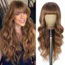 Brown Wigs with Bangs Long curly wavy Wig Brown mixed Honey Blonde Wig for Women Natural Synthetic Wigs for Daily Party Use 26IN(Brown Mixed Honey Blonde) 
