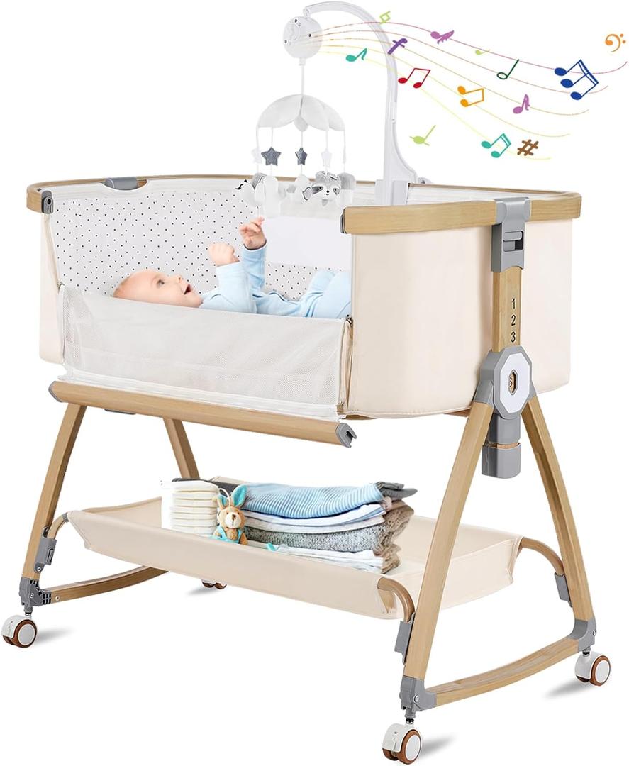 Bassinet Bedside Sleeper,Bedside Bassinet,Rocking Bassinet,3 in 1 Portable Bedside Crib with Mattress,Mobile,Mosquito Net,Storage Basket,6-Height Adjustable Baby Bassinet with Wheels for Newborn,Beige