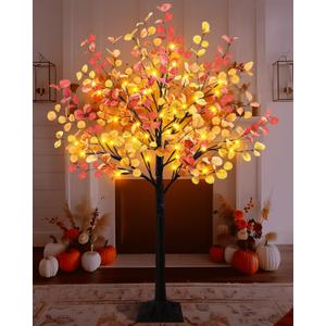 Lighted Eucalyptus Tree, 4FT Fall Tree With 48 Lights, Artificial Autumn Light Up Decorations for Home Indoor Outdoor Decor