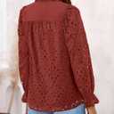 PRETTYGARDEN Women's Dressy Casual Blouse Tops Fall Spring Puff Long Sleeve Button V Neck Hollow Out Lace Embroidered Shirts (L)