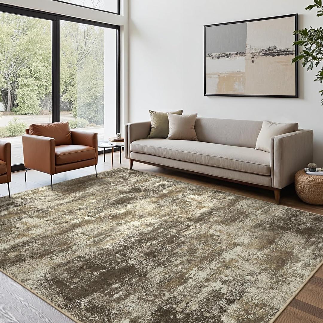 Area Rugs 8x10 for Living Room Bedroom, Modern Abstract Machine Washable Rug, Large Soft Low Pile Floor Cover with Non Slip Backing for Dining Room, Brown