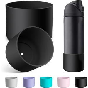 2PCS Silicone Water Bottle Boot for Owala 24oz 32oz 40oz, Anti-Slip Protective Sleeve Bottom Bumper Protector for FreeSip, Twist, and Flip Stainless Steel Water Bottles (Black)