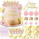 Crown Cake Topper, Pink & Gold Crown Balls Happy Birthday Cake Toppers Birthday Candles Butterfly, Corona Para Pastel, Crown Cake Decorations for Girls Women Queen Princess (Gold, Jelly Pink)
